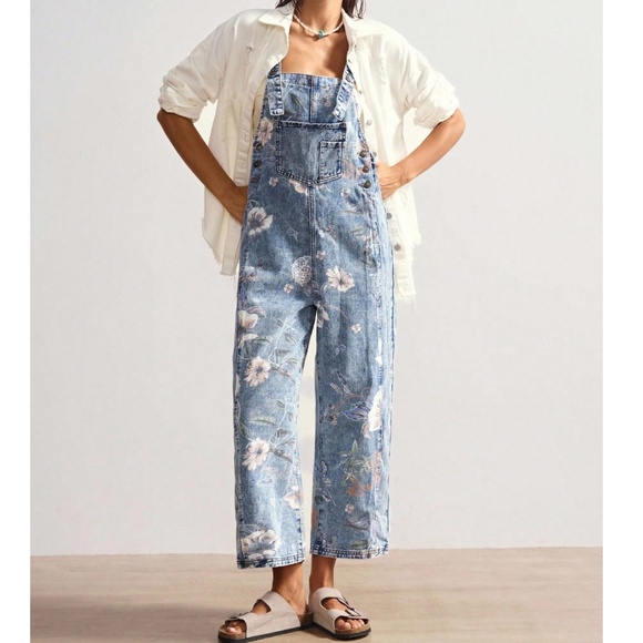 Western Floral Print Light Wash Pockets Wide Leg Denim Jean Bib Overalls - Picture 4 of 8